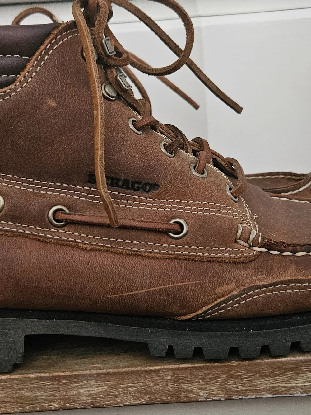 Vintage Sebago Brown Leather Moc-Toe Lug Boots